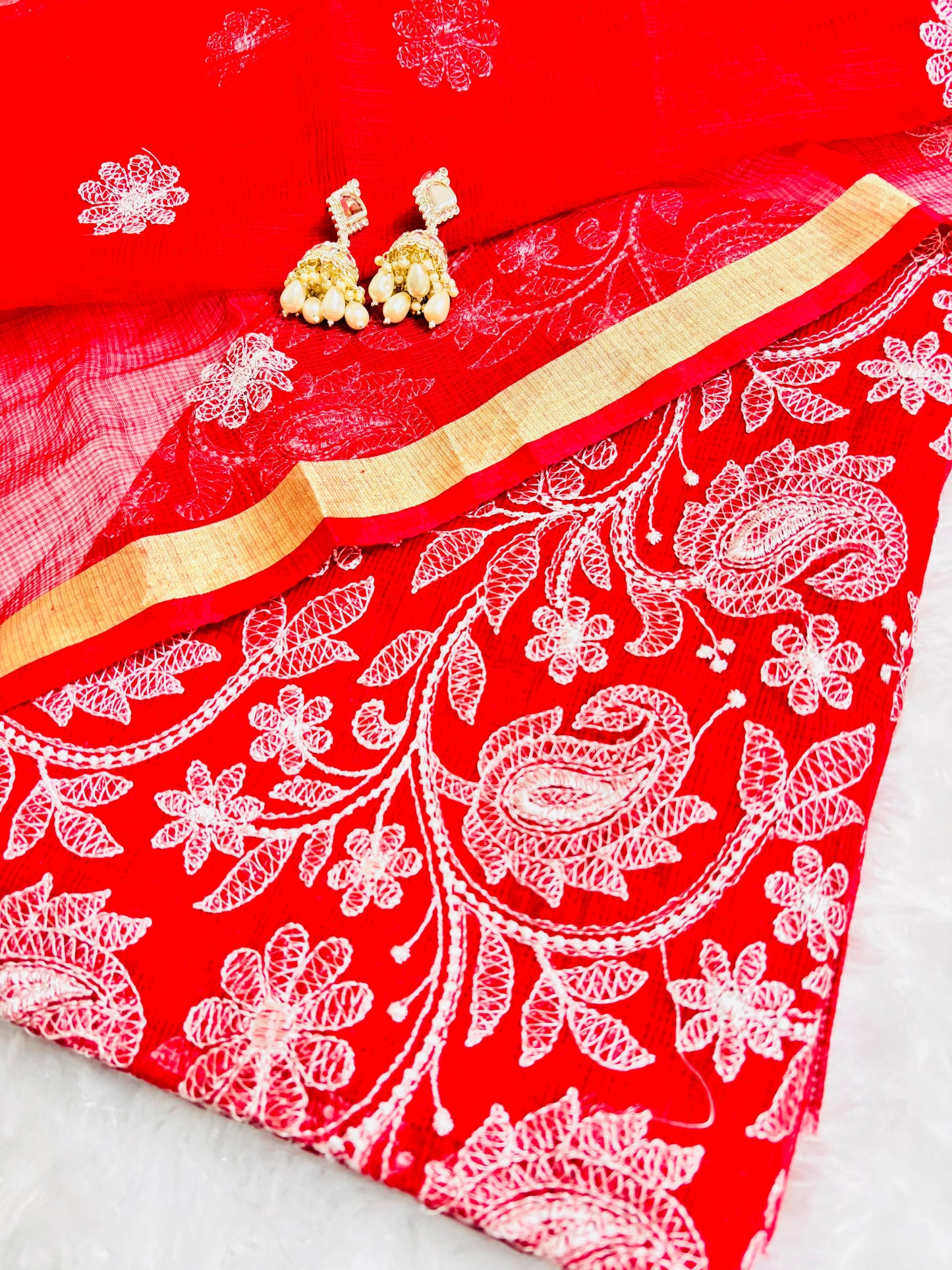 Red Radiance Kota Doria Unstitched Suit with Embroidery