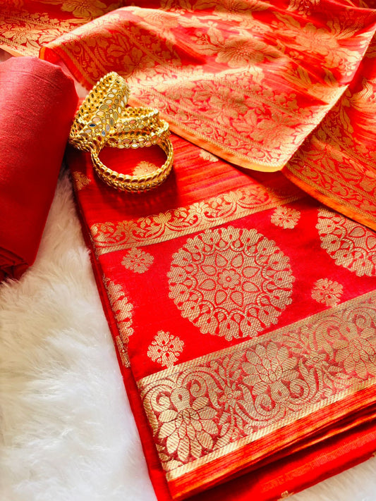 Ruby Red Chanderi Silk Unstitched Suit