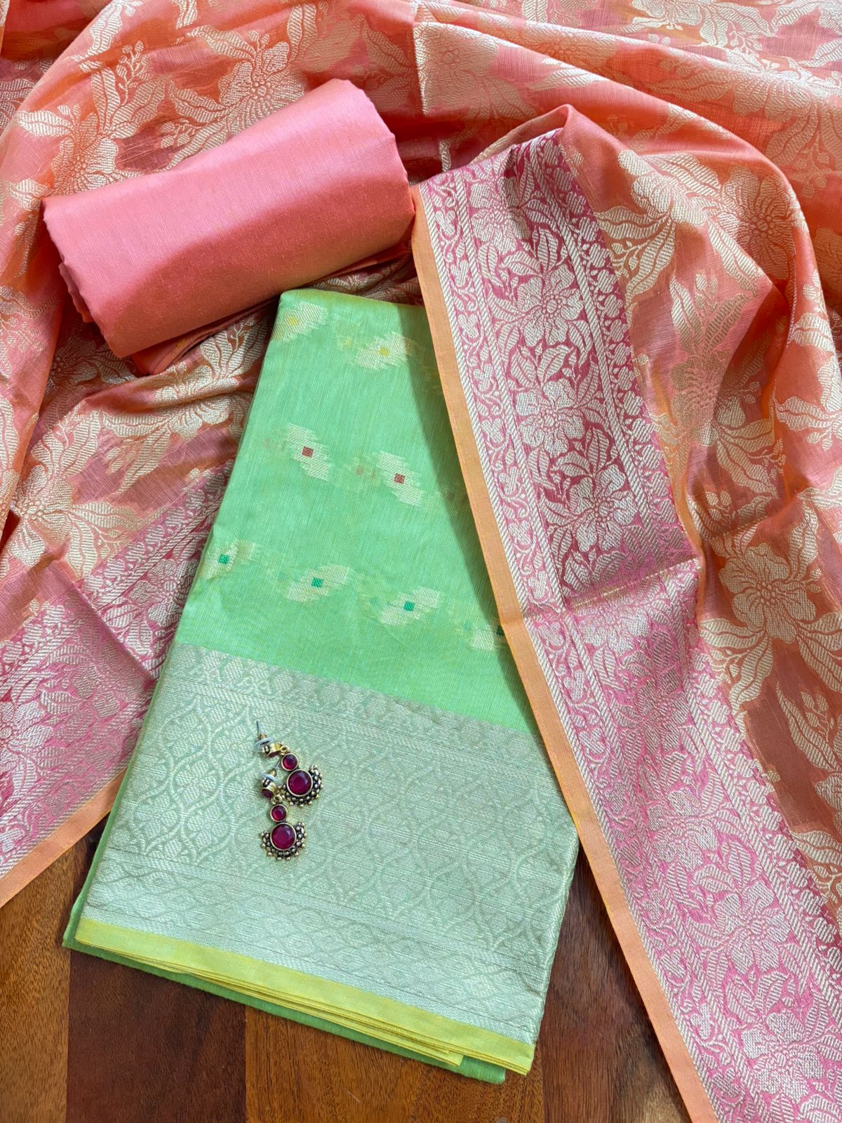Green & Pink Chanderi Silk