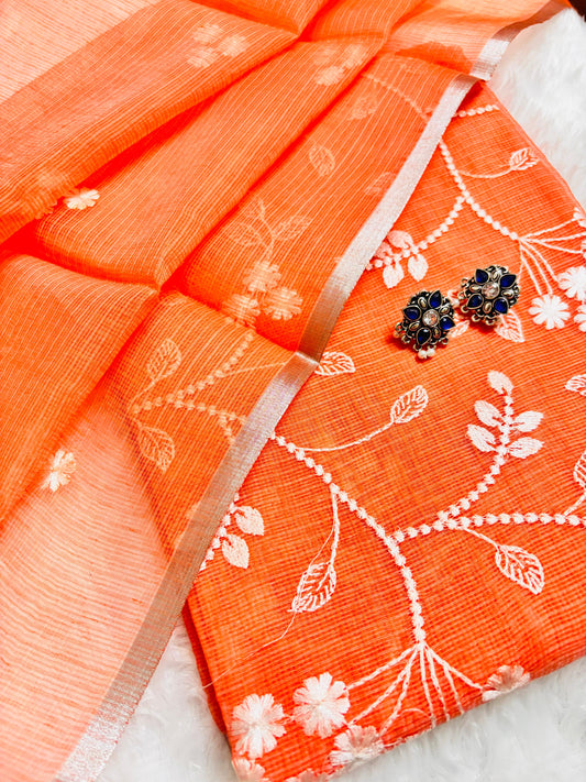 Amber Elegance – Embroidered Orange Kota Doriya Unstitched Suit