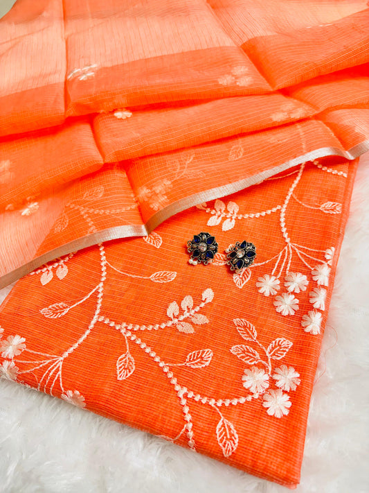 Amber Elegance – Embroidered Orange Kota Doriya Unstitched Suit