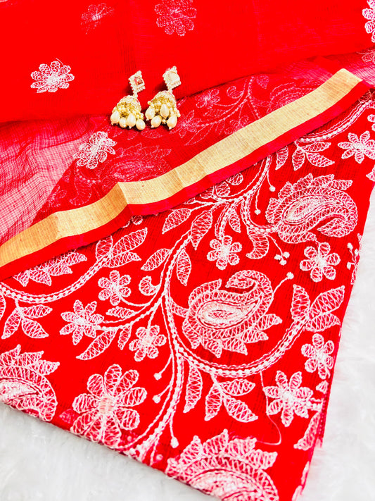 Red Radiance Kota Doria Unstitched Suit with Embroidery